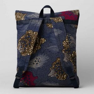 Back view of a handmade African kitenge backpack with wide shoulder straps and clean finish