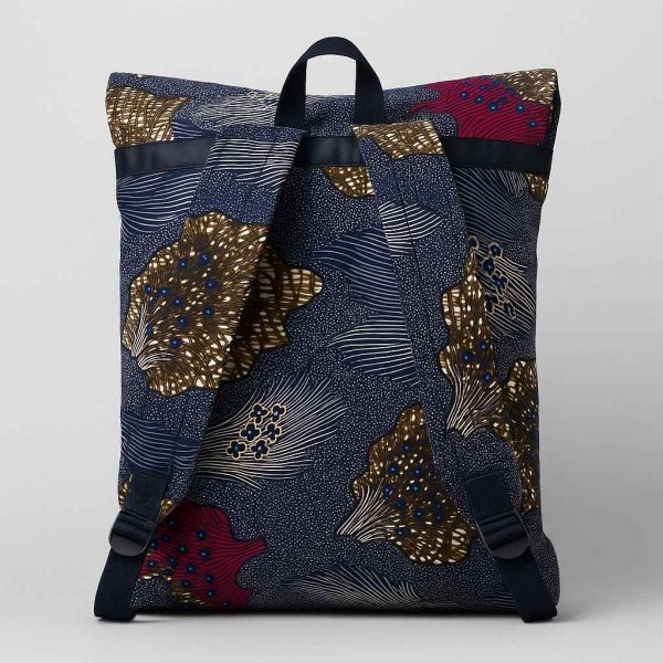 Back view of a handmade African kitenge backpack with wide shoulder straps and clean finish