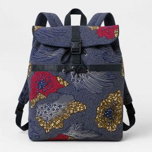 Front view of a large African kitenge backpack with flap and buckle closure