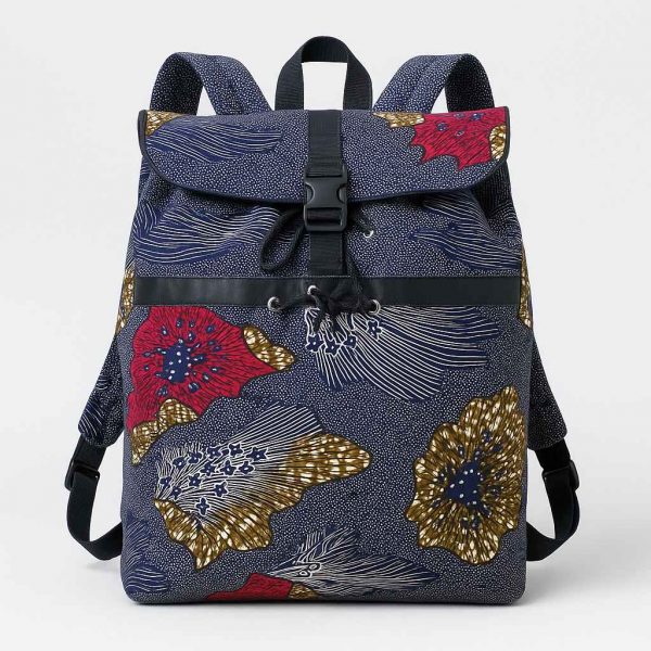 Front view of a large African kitenge backpack with flap and buckle closure