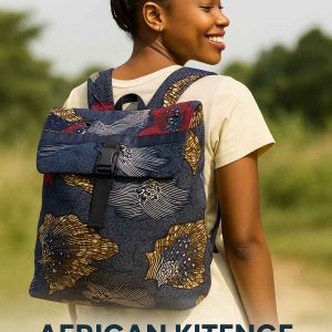 Young African woman wearing a handmade kitenge backpack while standing in a warm home setting