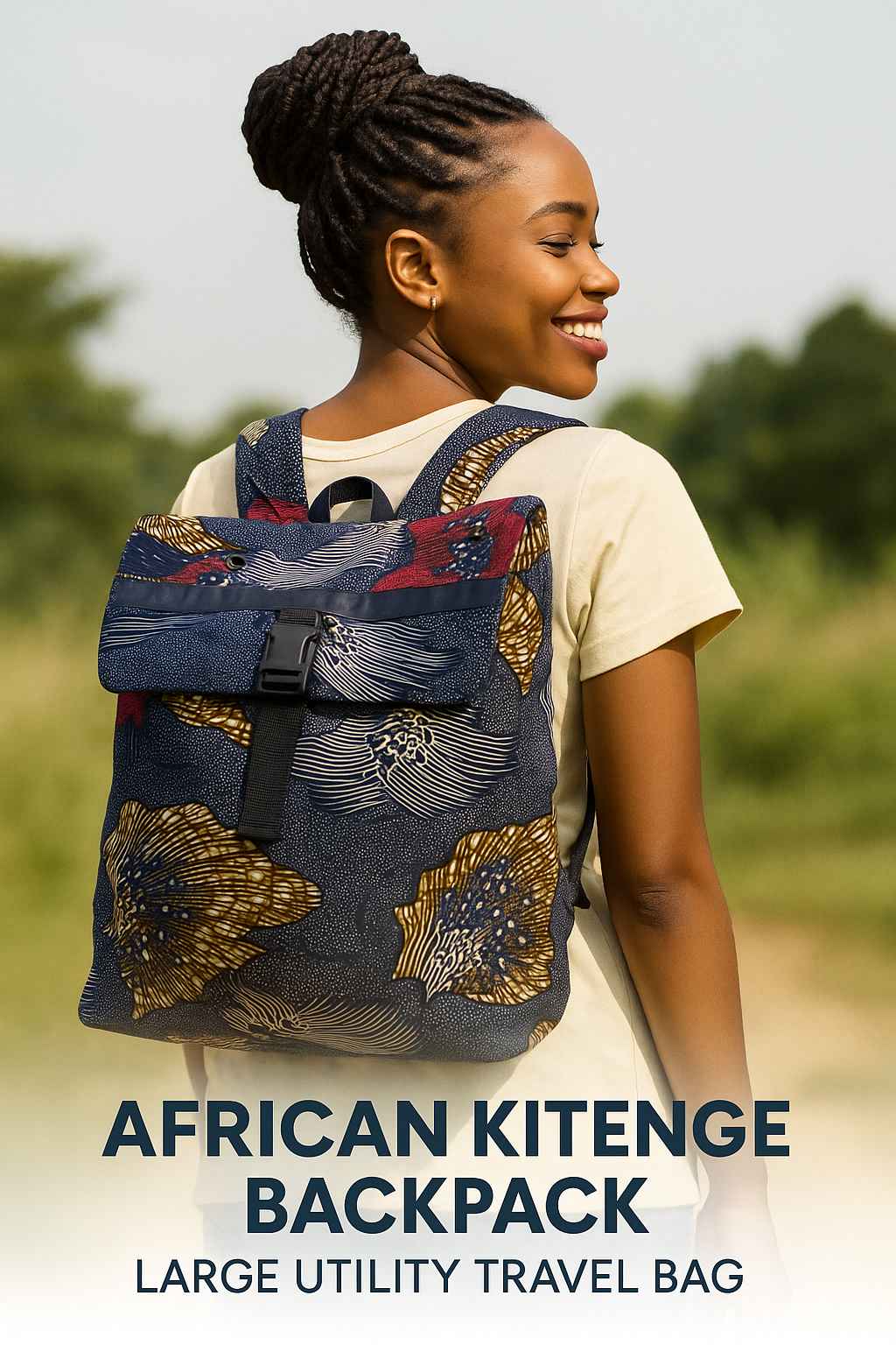 African kitenge backpack in lifestyle setting