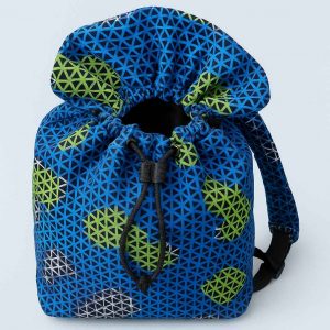 Close-up of African Kitenge drawstring backpack showing fabric pattern and stitching details