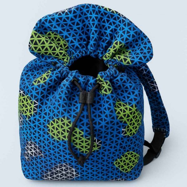 Close-up of African Kitenge drawstring backpack showing fabric pattern and stitching details