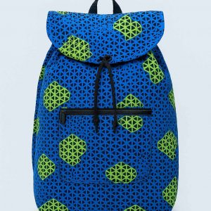 Handmade African Kitenge drawstring backpack shown from the front with a bold traditional pattern