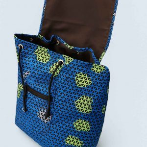 Handmade African Kitenge drawstring backpack shown open from the top with visible interior lining and pockets