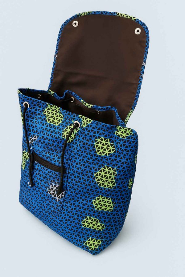 Handmade African Kitenge drawstring backpack shown open from the top with visible interior lining and pockets