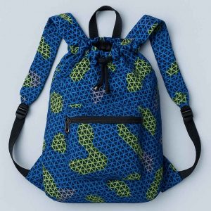 Handmade African Kitenge drawstring backpack viewed from the top showing its opening and drawstring