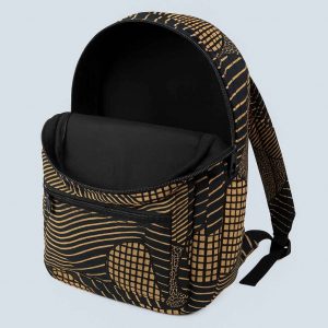 Interior studio view of an African Kitenge backpack showing the inner lining and compartments