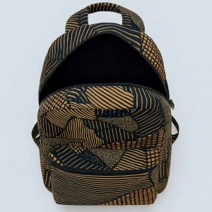 Top-down studio view of an African print backpack with zippered main compartment and brown-black fabric design