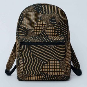 African print backpack with geometric patterns in brown and black, shown from the front view
