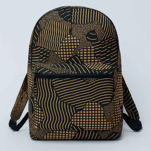 African print backpack with geometric patterns in brown and black, shown from the front view