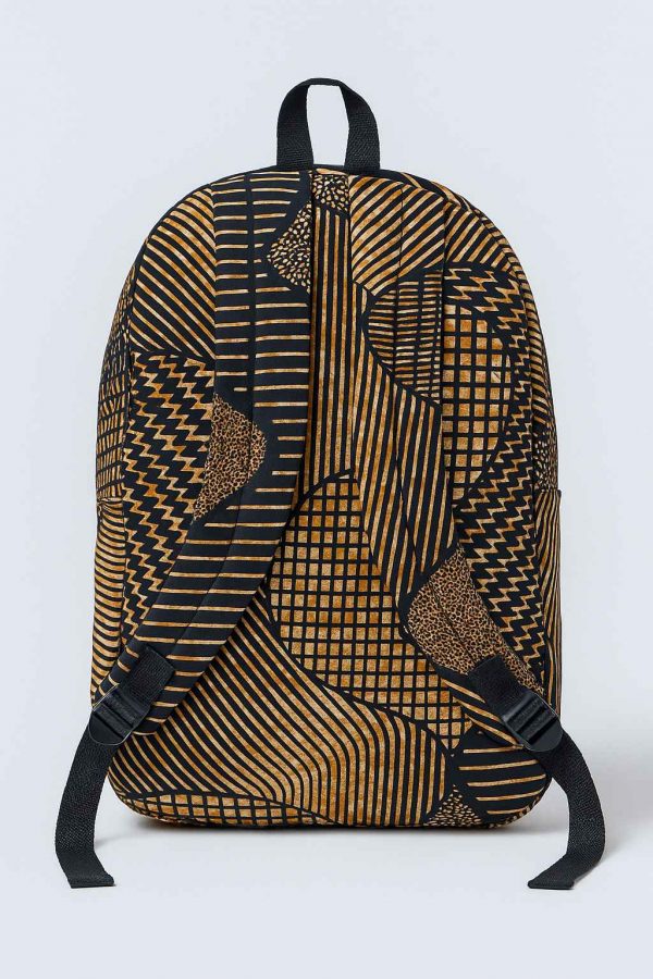 Back view of an African print utility backpack with adjustable straps and full fabric coverage