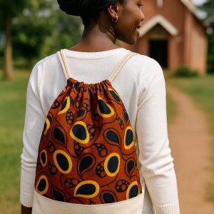 A woman carrying a handmade drawstring backpack from Uganda, styled for modest