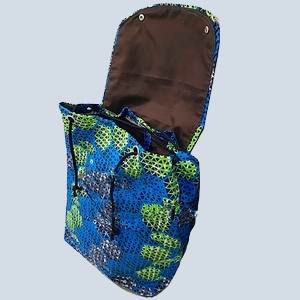 A handmade drawstring-top backpack with shoulder straps, designed for modest everyday carry in Uganda.