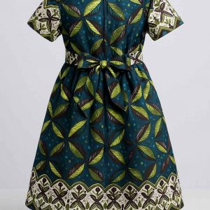 Back view of handmade Kitenge girls’ dress with leaf print