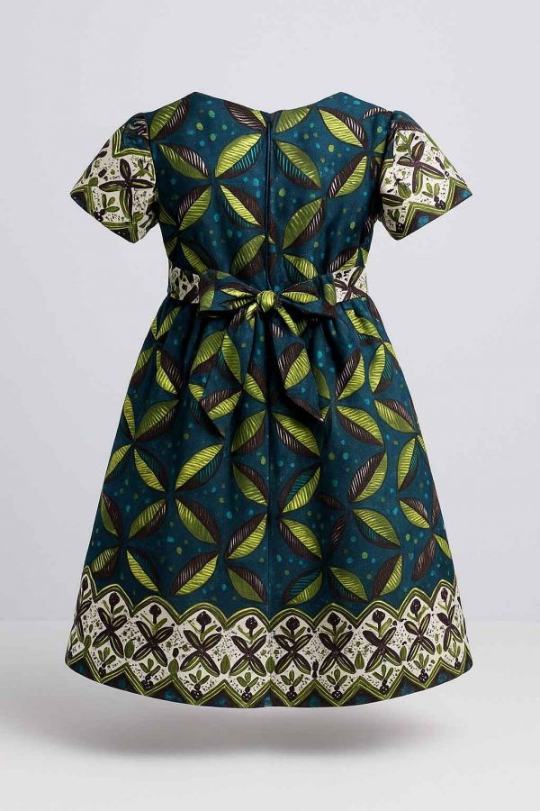 Back view of handmade Kitenge girls’ dress with leaf print