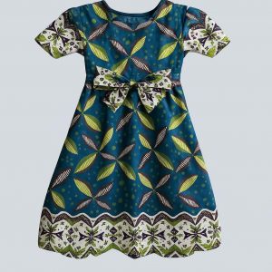 Front view of handmade Kitenge girls’ dress with leaf print