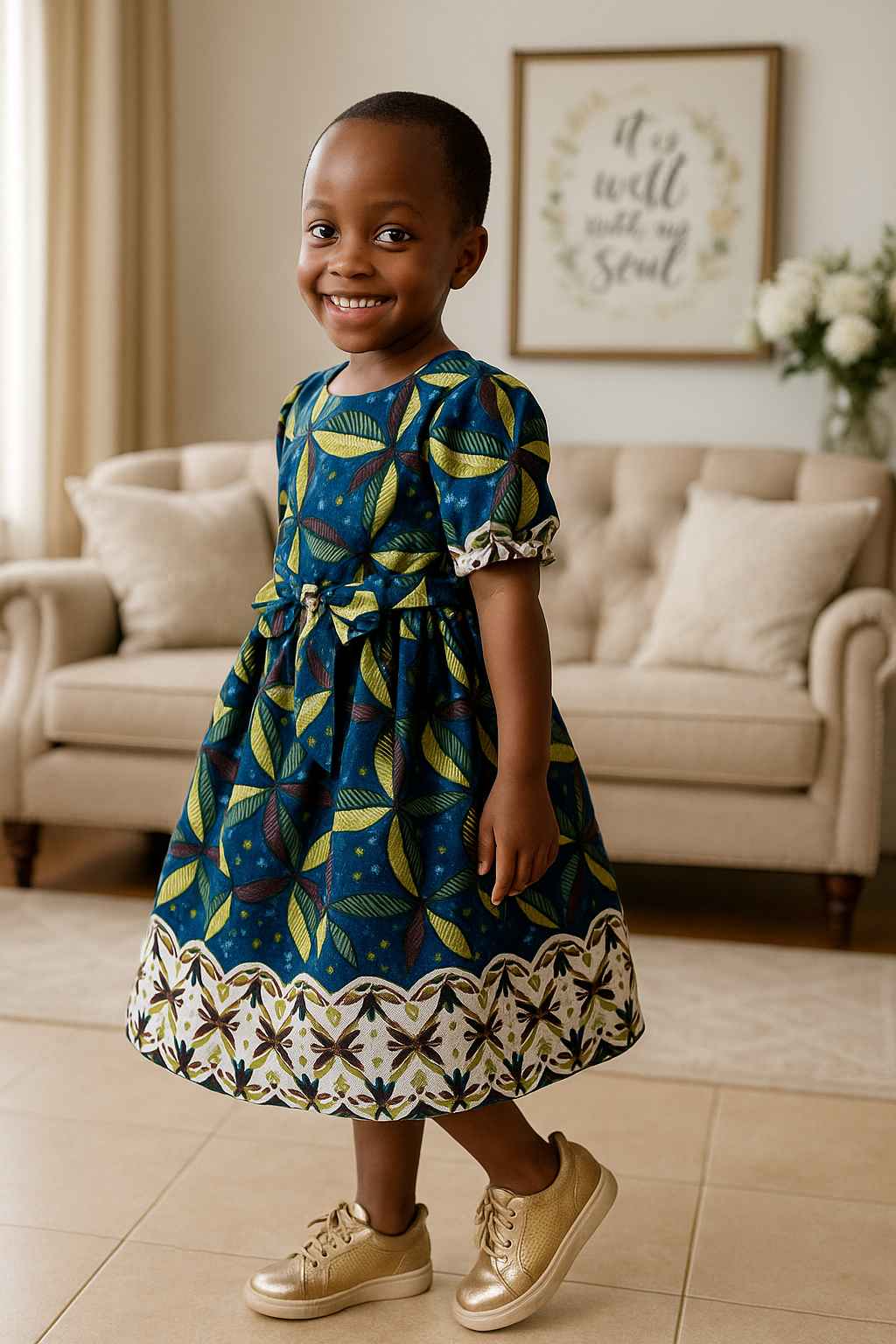 Handmade Kitenge girls’ dress with leaf print and ribbon tie, modest faith-centered style