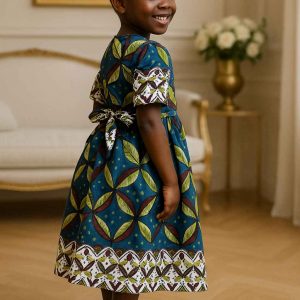 Side view of handmade Kitenge girls’ dress with leaf print