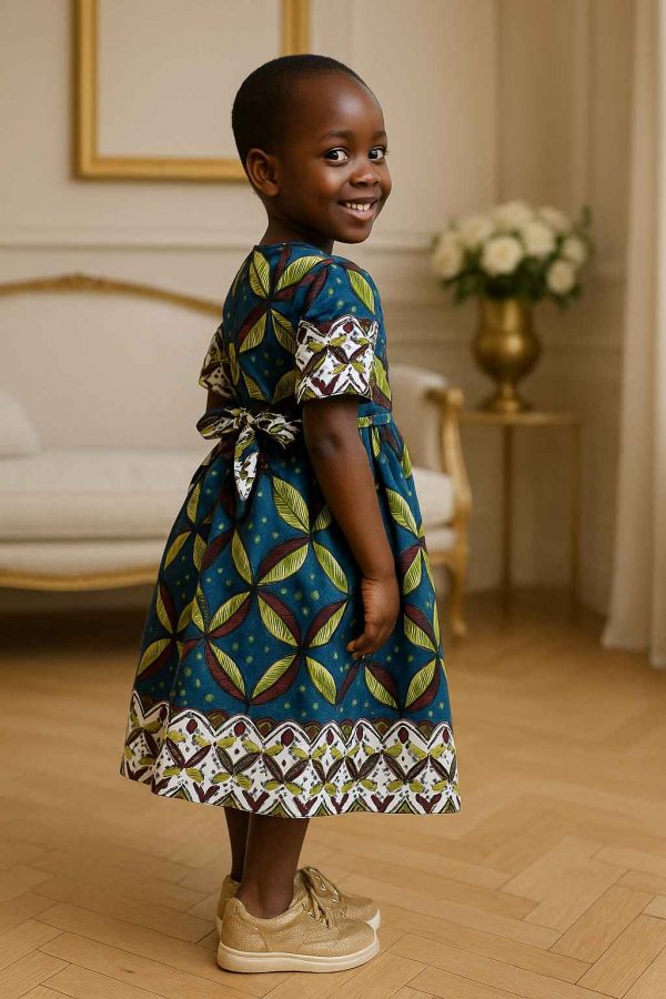 Side view of handmade Kitenge girls’ dress with leaf print