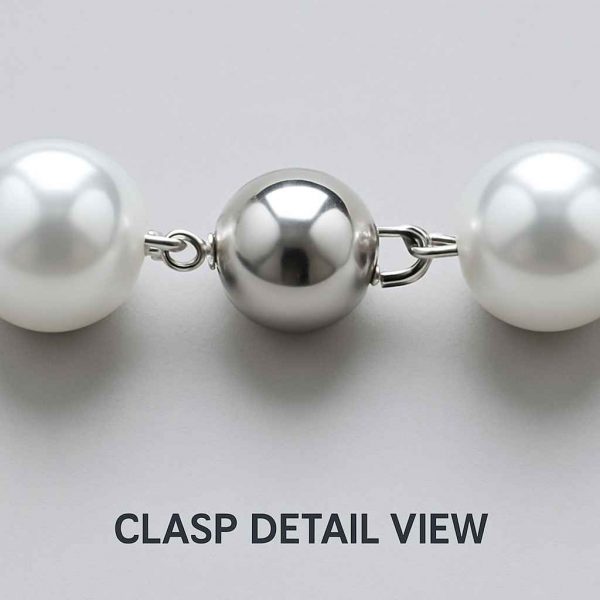 Detailed close-up of the clasp mechanism on a pearl-style beaded necklace from a handmade jewelry set