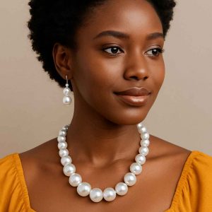 A young African woman wearing a pearl-style necklace and earrings, seated in a graceful pose