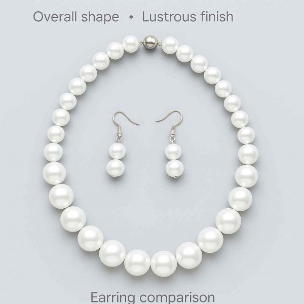 Flat-lay top view of pearl-style necklace and earrings showcasing bead gradation and shape