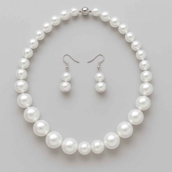 Studio image showing the bottom view of pearl-style necklace and earrings with gentle curve and central bead alignment