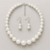 Studio back view of a pearl-style beaded necklace and earring set showing clasp and construction