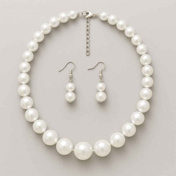 Studio back view of a pearl-style beaded necklace and earring set showing clasp and construction