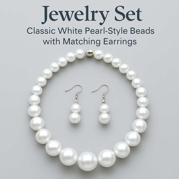 Studio front view of a handmade pearl-style jewelry set with a beaded necklace and matching earrings