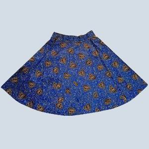 Trendy Jackie Kitenge Skirt front view with bright blue and gold African wax print handmade in Uganda.