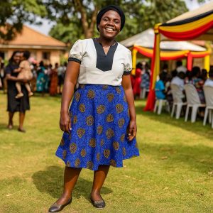 Ugandan woman wearing the Trendy Jackie Kitenge Skirt outdoors at a community event with a modest blouse and flats
