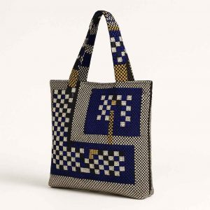 Angled view of a handmade woven checkerboard tote bag