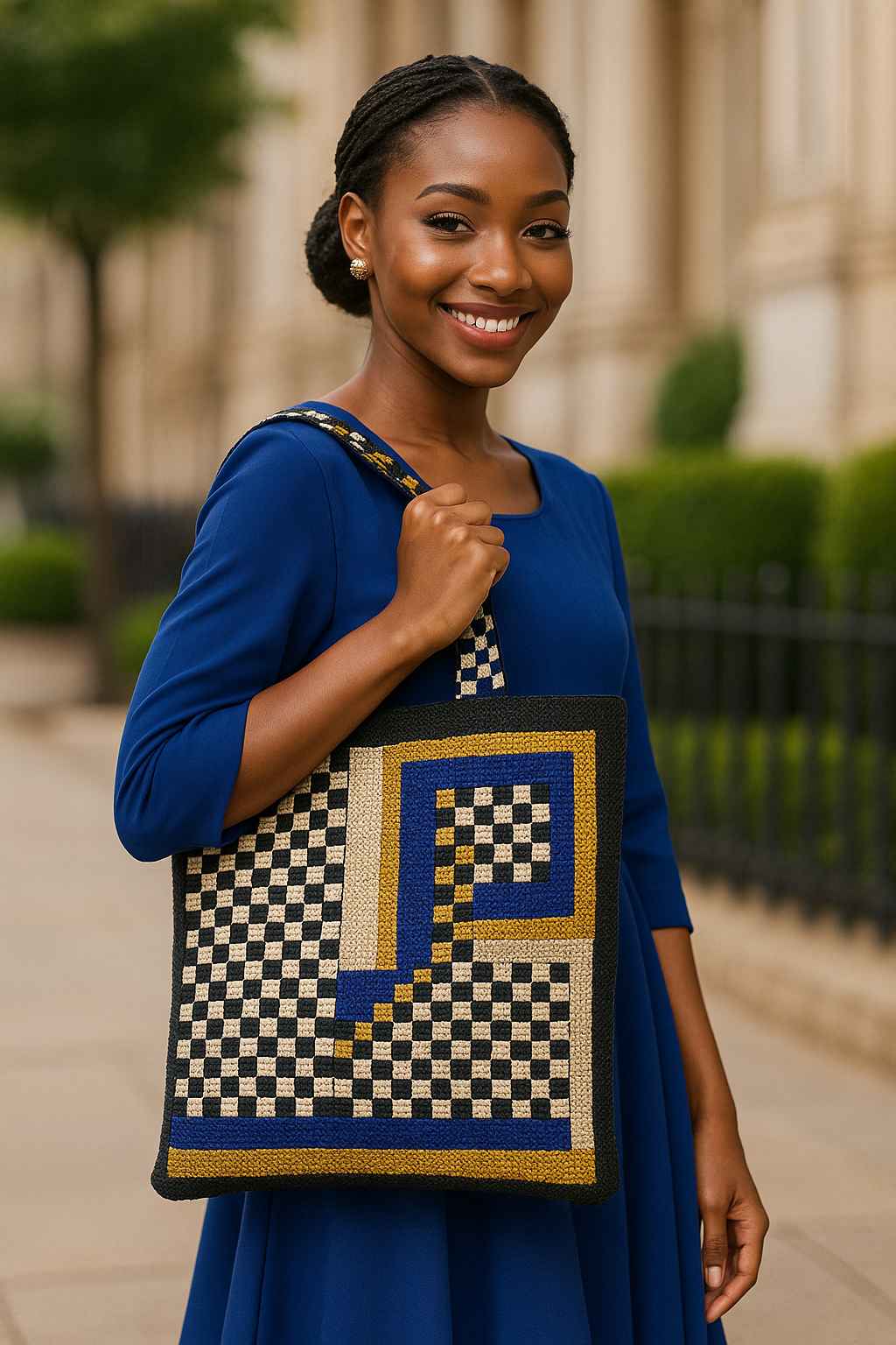 Elegant African woman holding a woven checkerboard tote bag outdoors