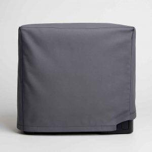 Rear view of a fabric printer dust cover neatly fitted over a standard desktop printer