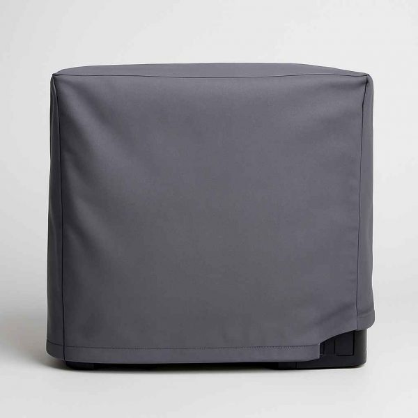 Rear view of a fabric printer dust cover neatly fitted over a standard desktop printer