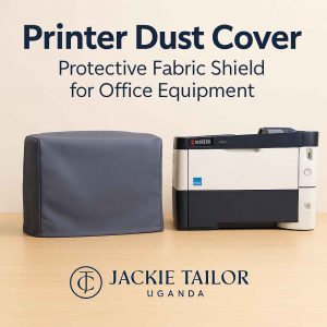 Fabric printer dust cover on a printer in a styled promotional office setting with stationery and desk decor