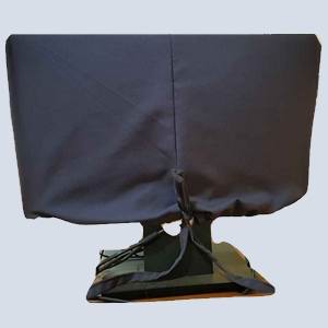 Handmade navy blue monitor dust cover tied back view Uganda