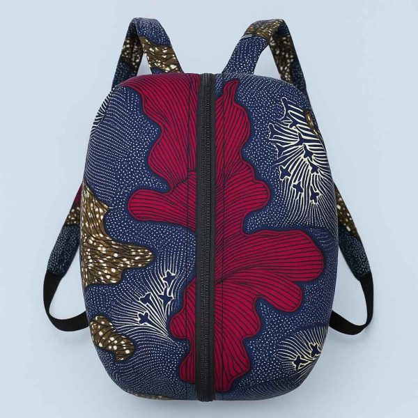 Bottom view of a rectangular African Kitenge backpack showing durable construction and secure stitching