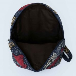 Interior view of an African Kitenge backpack, showing spacious brown fabric lining and reinforced stitching.