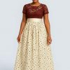 Angled view of party dress with maroon lace bodice and cream floral skirt