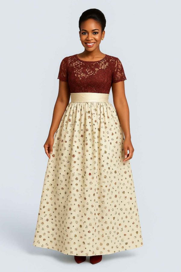 Angled view of party dress with maroon lace bodice and cream floral skirt
