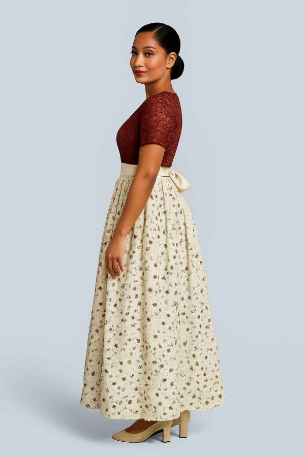 Side view of floral party dress with lace bodice and ribbon waist