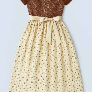 Bottom view of a short-sleeved party dress with a full printed skirt