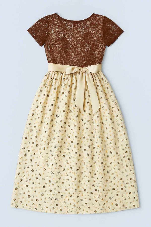 Bottom view of a short-sleeved party dress with a full printed skirt