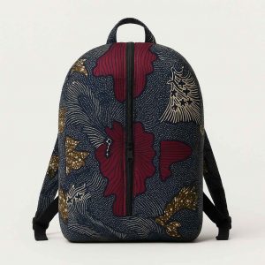 Studio photo of a handmade African Kitenge backpack with colorful traditional patterns, front view