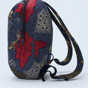 Handmade African Kitenge backpack side view with colorful traditional patterns