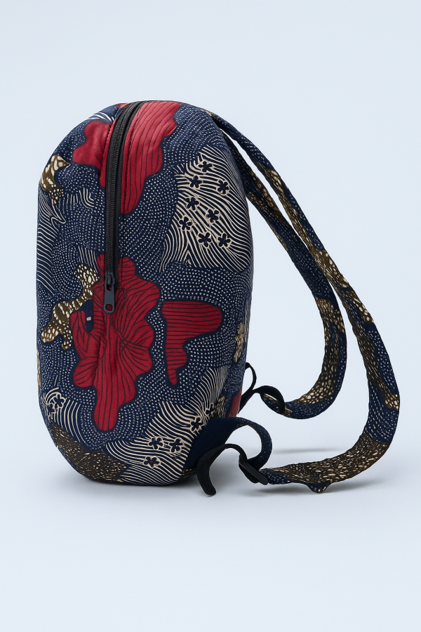 Handmade African Kitenge backpack side view with colorful traditional patterns